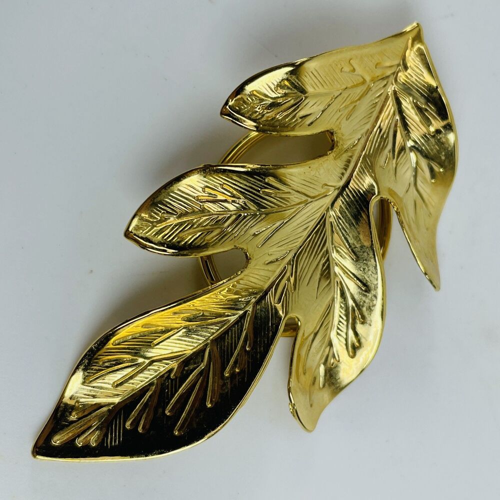 Vintage Gold Tone Leaf Scarf Sweater Clip Brooch Nature Inspired Dress Clip